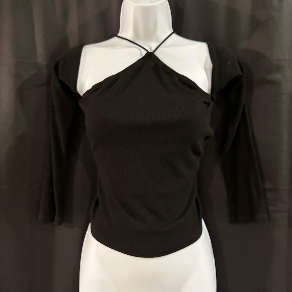 Black Ribbed Long Sleeve Top off the shoulder